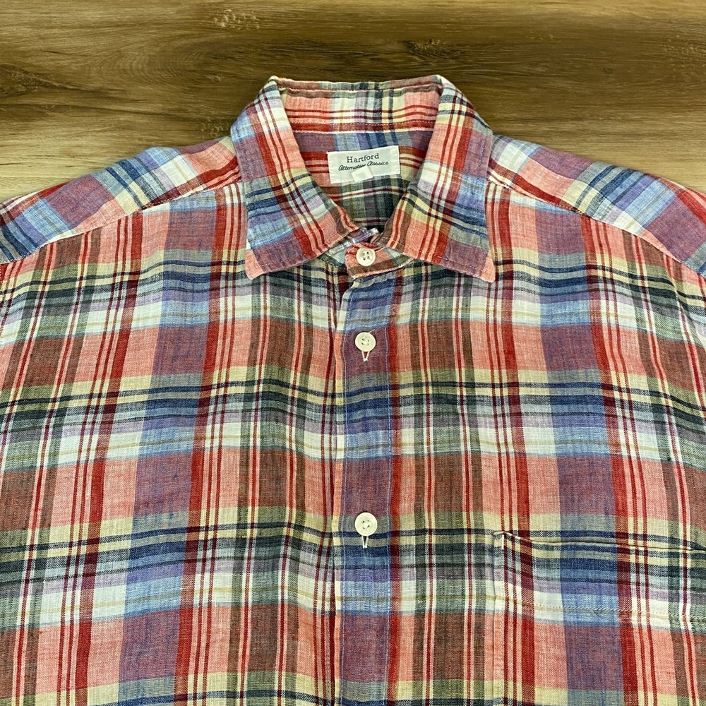 Hartford Plaid Linen Shirt Mens Medium Button Up Red Blue Casual Long Sleeve